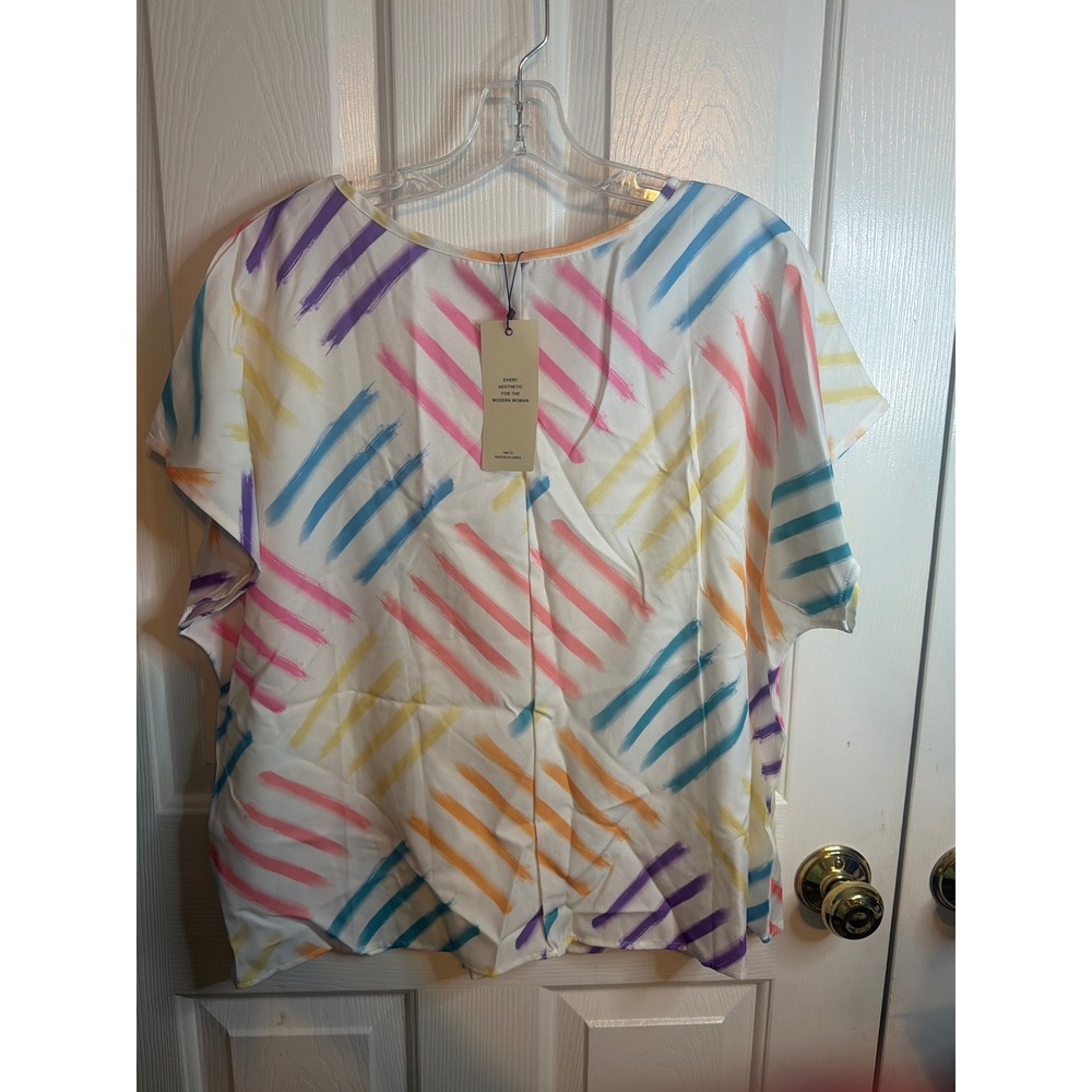 SHEIN LUNE Womens XL White Abstract Brushstroke Short Sleeve Blouse Top NEW - Picture 3 of 8